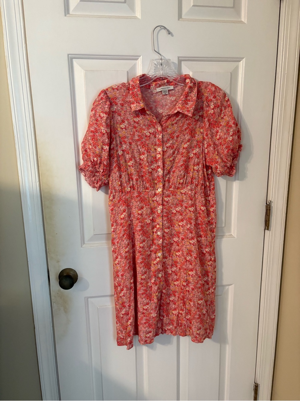 American Eagle Outfitters Coral Pink Floral Button-Up Mini Dress